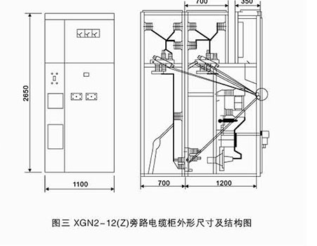 XGN2-12(Z)旁路电缆柜外形尺寸及结构图